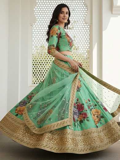 Amazing Green Floral Printed Silk Traditional Lehenga Choli With Dupatta